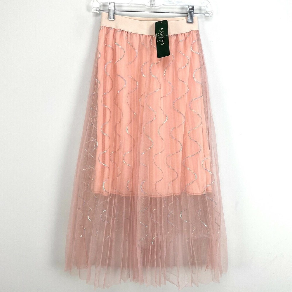 NWT $184 Lauren Ralph Lauren Pink Midi Pleated Tulle Skirt Size 8 Sequins Lining